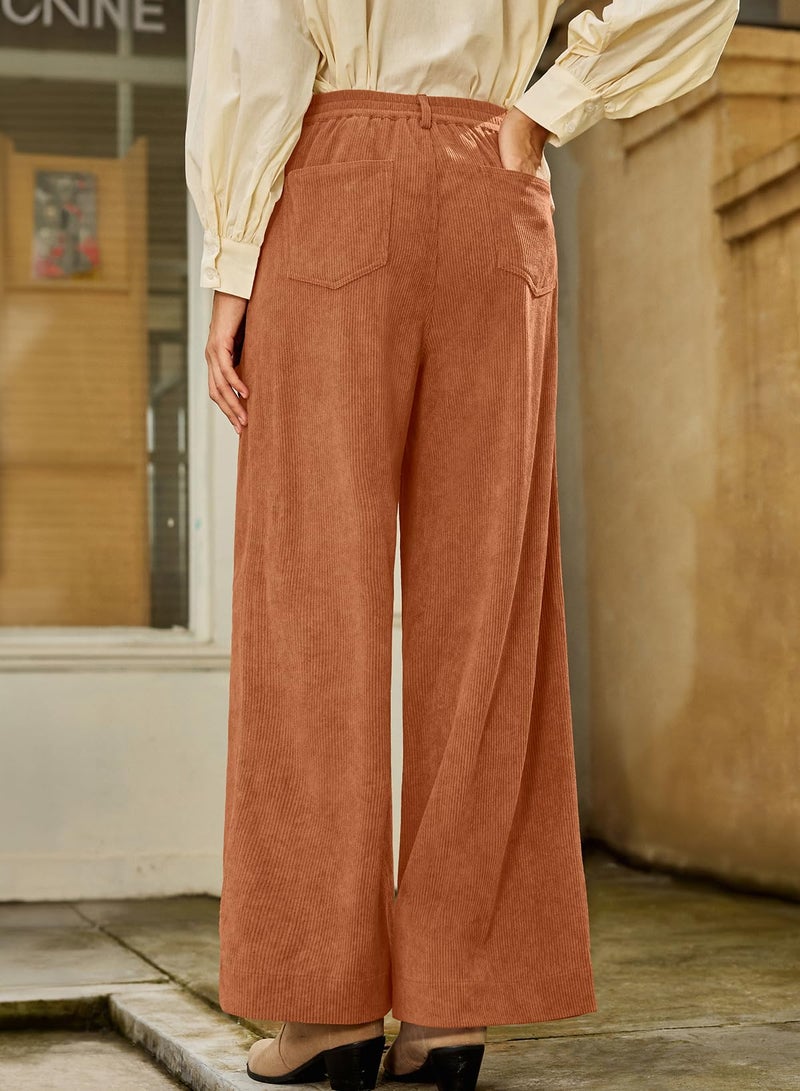Sidefeel Women's Corduroy Pants Casual High Waisted Wide Leg Elastic Waist Loose Trousers with Pockets Gold Flame Large - Image 2