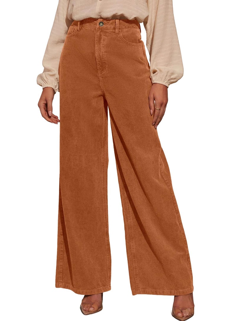 Sidefeel Women's Corduroy Pants Casual High Waisted Wide Leg Elastic Waist Loose Trousers with Pockets Gold Flame Large - Image 1