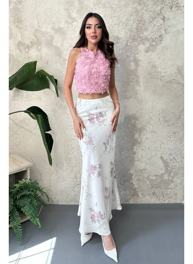 END BLACK Cream Satin Soft Floral Skirt L.