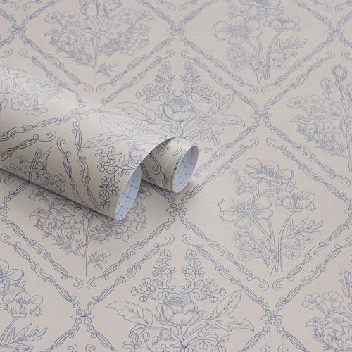 Kitico Peel and Stick Wallpaper Vintage Boho Wallpaper Blue and Beige Contact Paper Floral Removable Waterproof Wall Paper for Bathroom/Bedroom Self Adhesive for Cabinets Vinyl 17.3''x118.1'' - Image 1