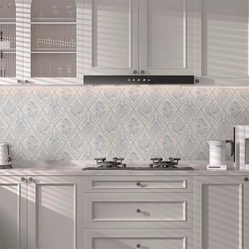 Kitico Peel and Stick Wallpaper Vintage Boho Wallpaper Blue and Beige Contact Paper Floral Removable Waterproof Wall Paper for Bathroom/Bedroom Self Adhesive for Cabinets Vinyl 17.3''x118.1'' - Image 2