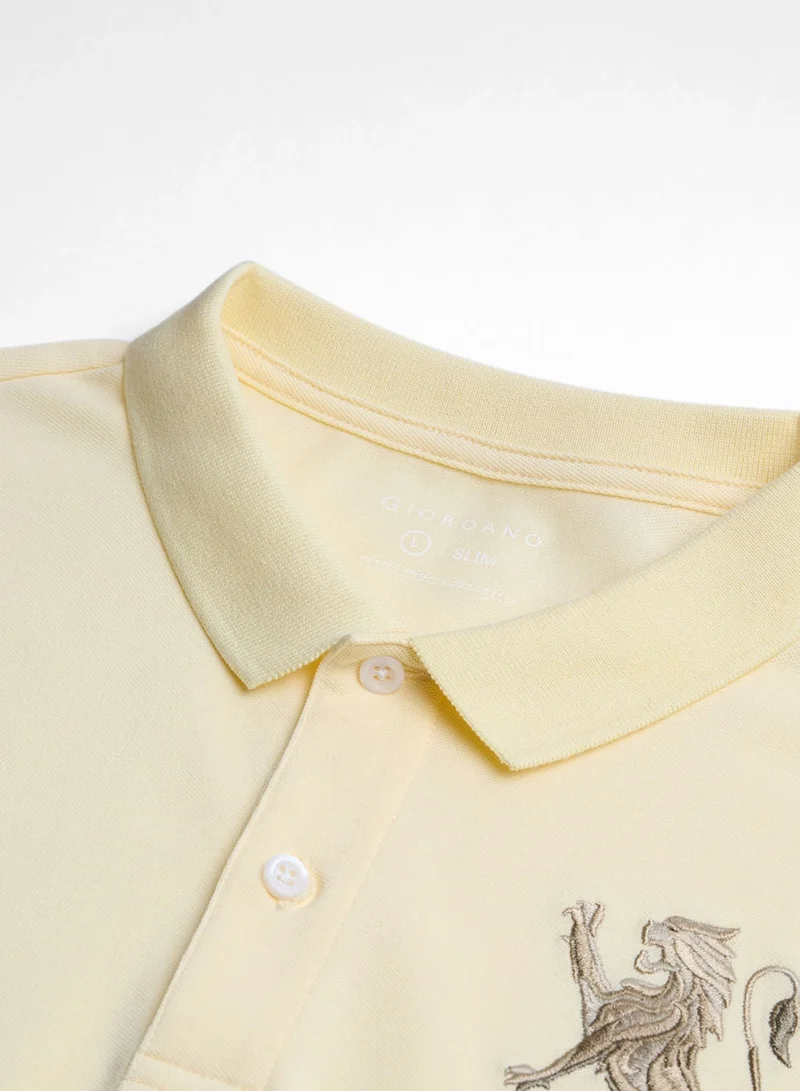 GIORDANO  Men’s Slim Fit 3D Lion Embroidery Lycra Pique Polo for Men | Best Price UAE