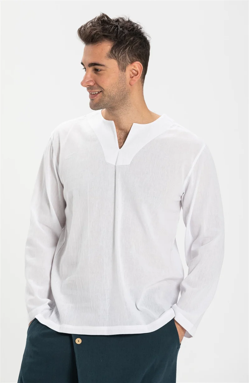Eliş Şile Bezi Long Sleeve Şile Cloth Crew Neck Men's Tshirt White 3001