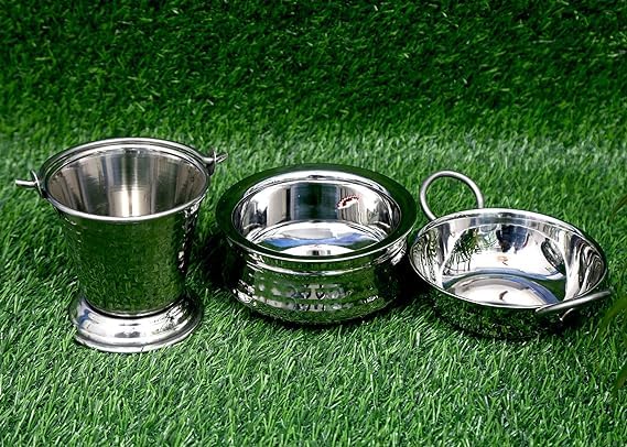 RJ kitchenware Store Stainless Steel Hammered/Mathaar Hotel Dish Serveware Set of Hammered/Mathaar [ Handi (500ml), Kadhai (300ml), Balti (300ml) - Image 1