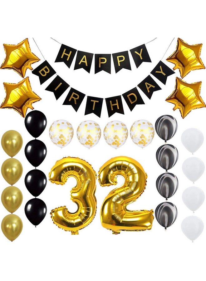 Hatcher lee Happy 32Nd Birthday Banner Balloons Set For 32 Years Old Birthday Party Decoration Supplies Gold Black - Image 1
