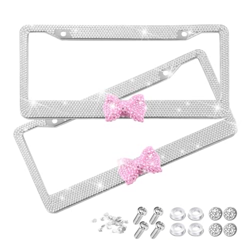 Sandfren Bling Car License Plate Frame for Women 2PCS Crystal Rhinestone Stainless Steel Vehicle Plate Holder Glitter Diamond Sparkly Auto Plate Cover Accessories Universal Fit WhitePink Bow - Image 1