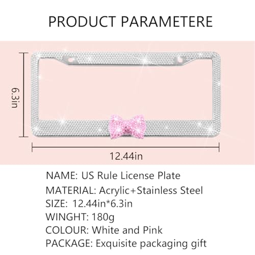 Sandfren Bling Car License Plate Frame for Women 2PCS Crystal Rhinestone Stainless Steel Vehicle Plate Holder Glitter Diamond Sparkly Auto Plate Cover Accessories Universal Fit WhitePink Bow - Image 3