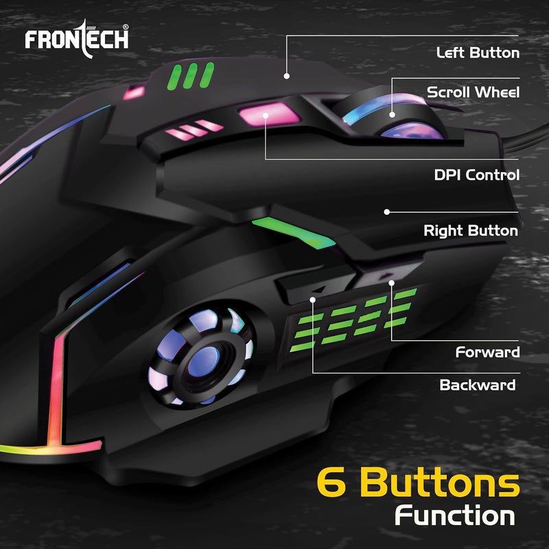 FRONTECH Wired Gaming Mouse, 6 Key RGB Backlit Effect| 7 LED Lighting| USB Plug & Play| 3600 DPI| for PC/Desktop/Mac/Laptop, 1-Year Warranty (MS-0050, Black) - Image 2