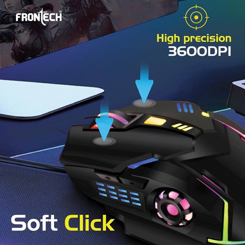 FRONTECH Wired Gaming Mouse, 6 Key RGB Backlit Effect| 7 LED Lighting| USB Plug & Play| 3600 DPI| for PC/Desktop/Mac/Laptop, 1-Year Warranty (MS-0050, Black) - Image 3