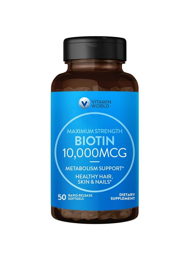 VITAMIN WORLD Vitamin World Ultra Mega Biotin 10,000 mcg. 50 Softgels, Vitamin B, Supports Healthy Hair, Skin and Nails, Rapid-release, Gluten Free  - Image 1