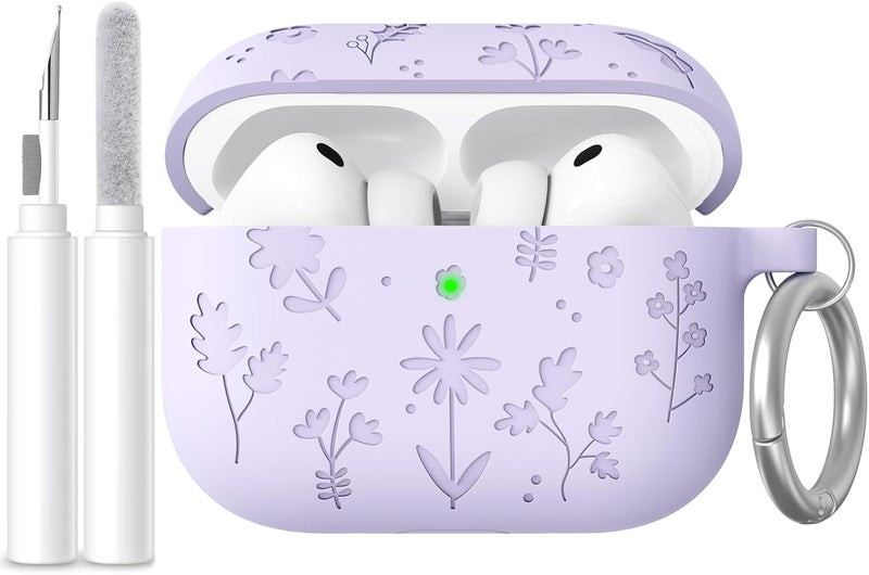 AhaStyle AirPods Pro 3 Case Cover (2025) Flower Engraved Cute Silicone AirPods Pro 3rd Generation Case Full Body Shockproof Cover Skin for Apple AirPods Pro 3rd Gen with Cleaning Kit for Women Girls - Image 2