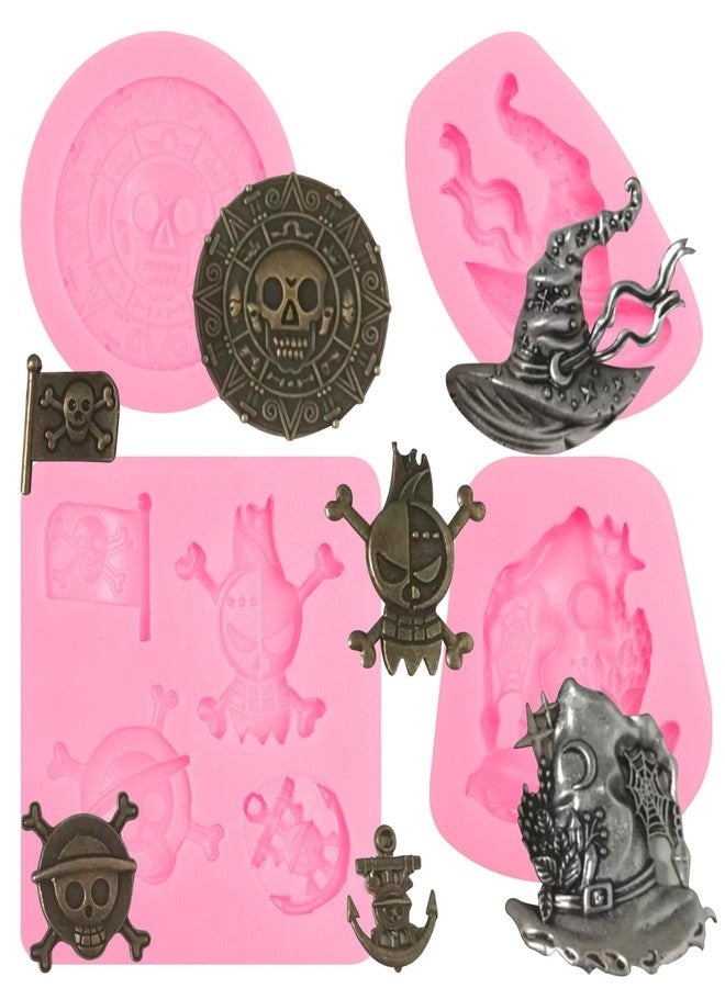 Xcake Lcook Pirate Theme Silicone Molds Set, 4 Pieces, Skull Bones Ship Flag Design for Cake Decoration, Pink - Image 1