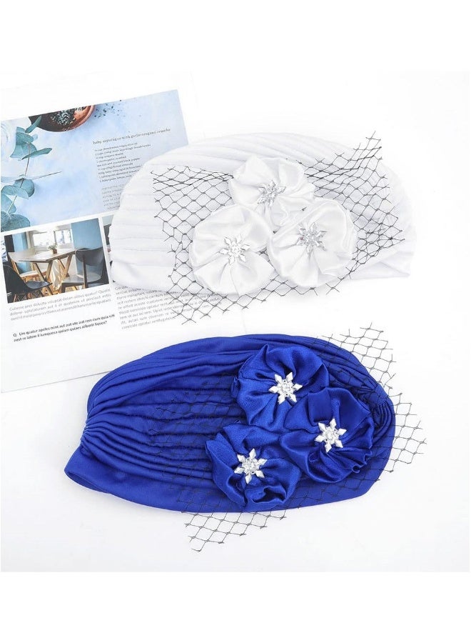 Generic Pack of 2 Turban Head Wrap Pattern Head Scarf Soft Flower Print Head Cover Cap Knotted Head Wraps Cap White Mesh Pre-Tied Turban Headwear Rhinestone Flower for Women and Girls - Image 4