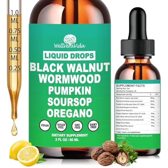 WellVeraVida Liposomal Wormwood Black Walnut Clove Cleanse for Humans Drops, Organic 9-in-1 Herbal Extract Hull Supplement Plus Oregano, Soursop & Pumpkin Seed for Gut Detox & Digestive Health丨Vegan,30 Days Supply - Image 1