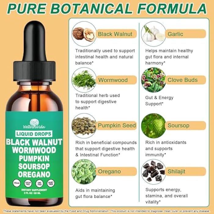 WellVeraVida Liposomal Wormwood Black Walnut Clove Cleanse for Humans Drops, Organic 9-in-1 Herbal Extract Hull Supplement Plus Oregano, Soursop & Pumpkin Seed for Gut Detox & Digestive Health丨Vegan,30 Days Supply - Image 2