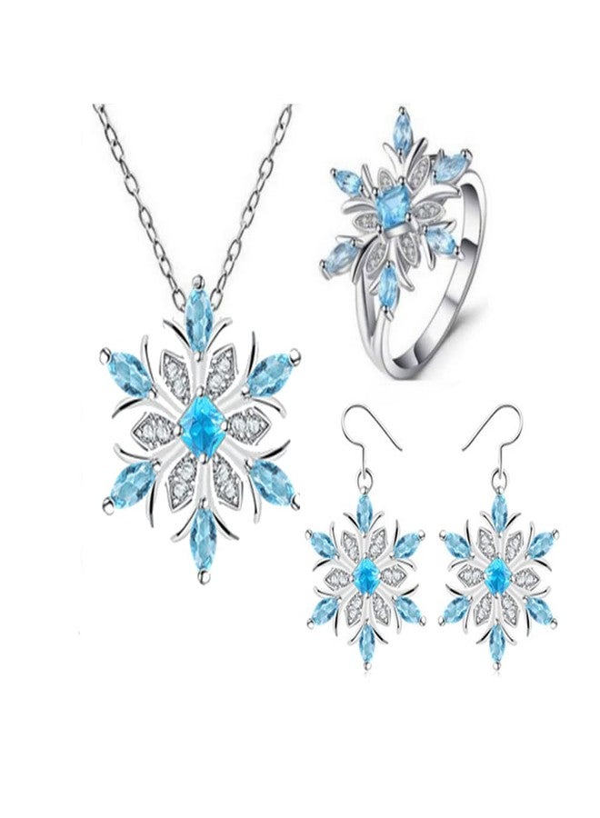 WLLAY Romantic Silver Blue Rhinestone Snowflake Necklace Earring and Rings Set for Women Snowflake Pendant Necklace Sunflower Dangle Earring Christmas Gift (A:Blue set) - Image 1