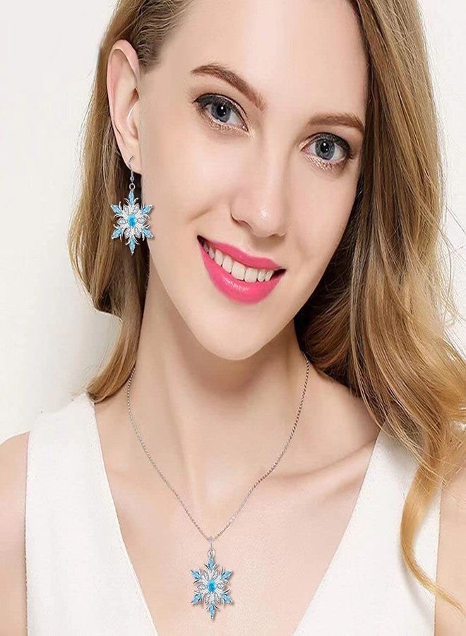 WLLAY Romantic Silver Blue Rhinestone Snowflake Necklace Earring and Rings Set for Women Snowflake Pendant Necklace Sunflower Dangle Earring Christmas Gift (A:Blue set) - Image 2