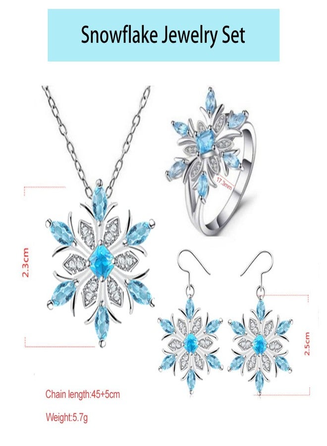 WLLAY Romantic Silver Blue Rhinestone Snowflake Necklace Earring and Rings Set for Women Snowflake Pendant Necklace Sunflower Dangle Earring Christmas Gift (A:Blue set) - Image 5