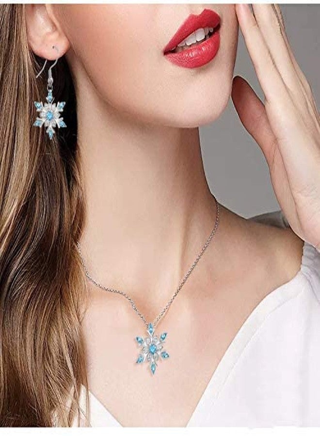 WLLAY Romantic Silver Blue Rhinestone Snowflake Necklace Earring and Rings Set for Women Snowflake Pendant Necklace Sunflower Dangle Earring Christmas Gift (A:Blue set) - Image 3