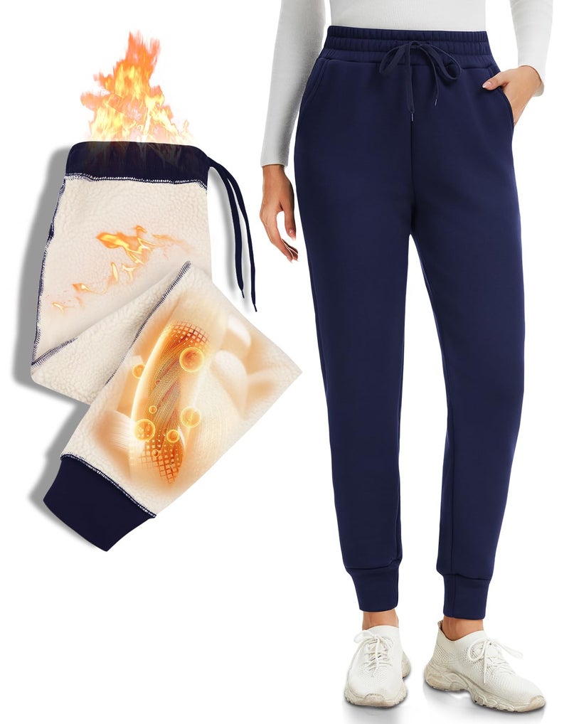 NEW YOUNG Women's Fleece Lined Joggers for Warmth High Waisted Thermal Sweatpants with Pockets for Cold Weather & Hiking Navy Blue - Image 1