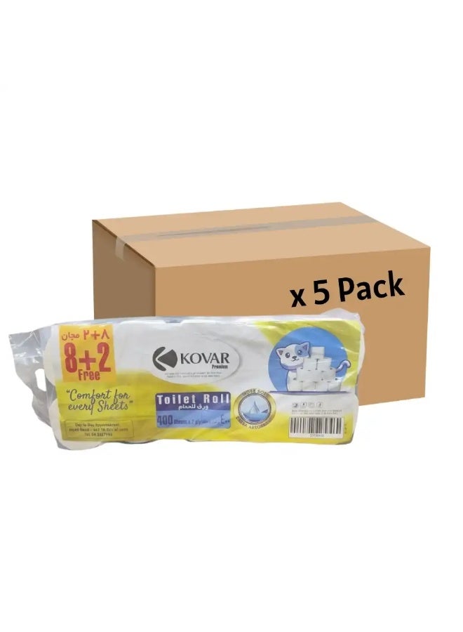 Kovar 400 Sheets 2 PLY Bulk 5 Pack Toilet Tissue Roll- 10 Roll