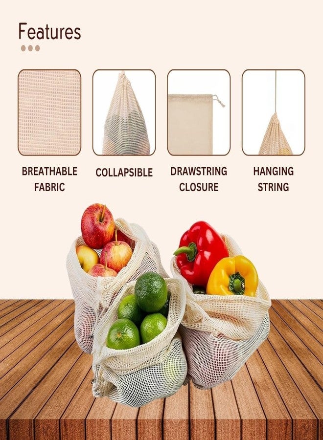 STOCKZONE 100% Cotton Mesh Net Vegetable Fruit Fridge Bag | Eco-friendly Natural White Washable Reusable Drawstring Zip Bags For Food Storage | Multipurpose Kitchen Organizer Grocery Bags (Pack of 5) - Image 4