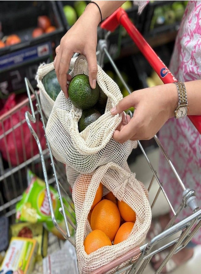 STOCKZONE 100% Cotton Mesh Net Vegetable Fruit Fridge Bag | Eco-friendly Natural White Washable Reusable Drawstring Zip Bags For Food Storage | Multipurpose Kitchen Organizer Grocery Bags (Pack of 5) - Image 3