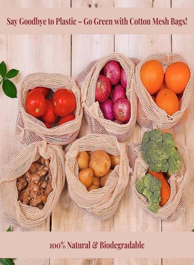 STOCKZONE 100% Cotton Mesh Net Vegetable Fruit Fridge Bag | Eco-friendly Natural White Washable Reusable Drawstring Zip Bags For Food Storage | Multipurpose Kitchen Organizer Grocery Bags (Pack of 5) - Image 2