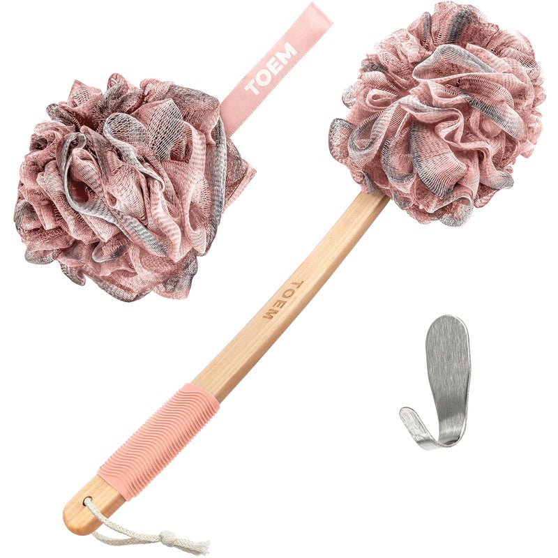 Toem Loofah Back Scrubber for Shower Bamboo Charcoal Fiber Infused Loufas for Men Women Includes 1 Long Handled Shower Sponge 1 Bath Shower Luffa Pouf 1 Hook to Hang Stuff Rose Pink