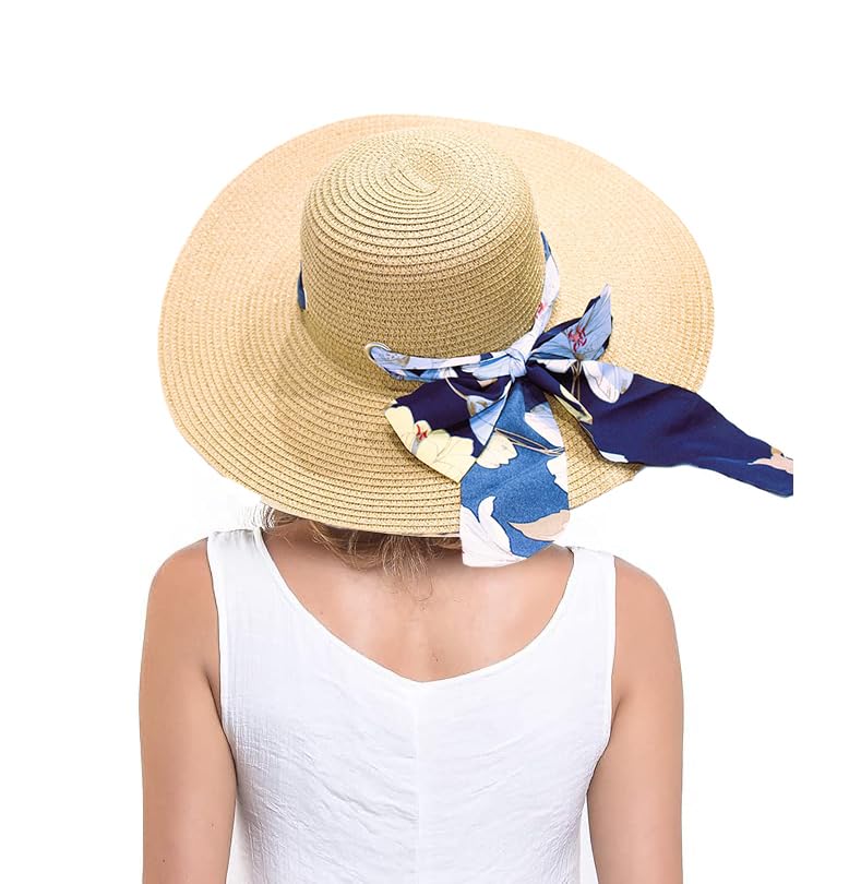 CLOTHERA Summer Brim Floppy Straw Beach Hats for Women (Tan Beige with Floral Ribbon) - Image 1