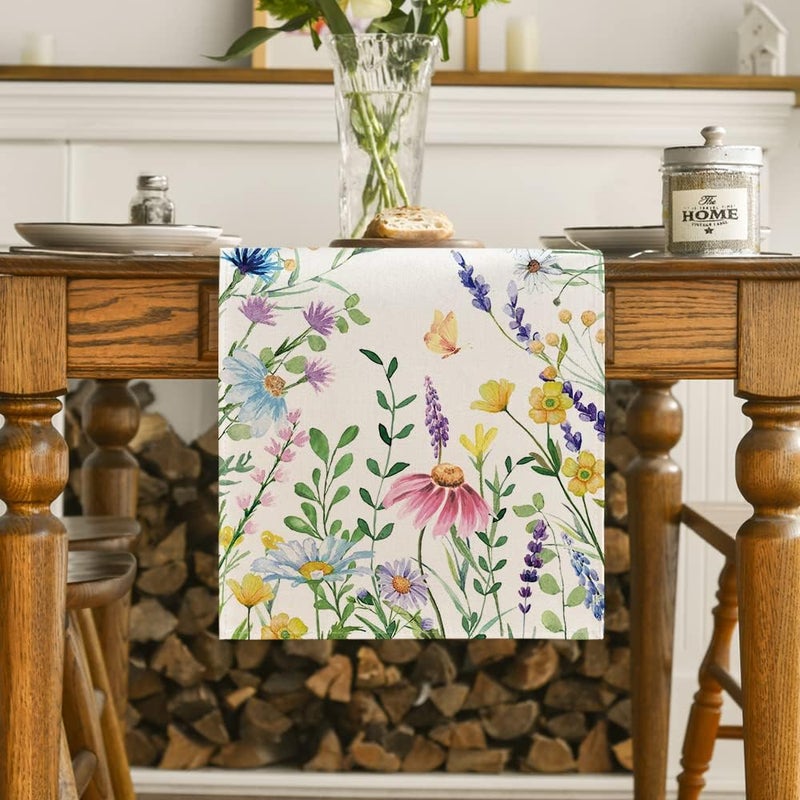 Artoid Mode Daisy Eucalyptus Lavender Floral Leaves Summer Table Runner, Spring Kitchen Dining Table Decoration for Home Party Decor 13x90 Inch - Image 2