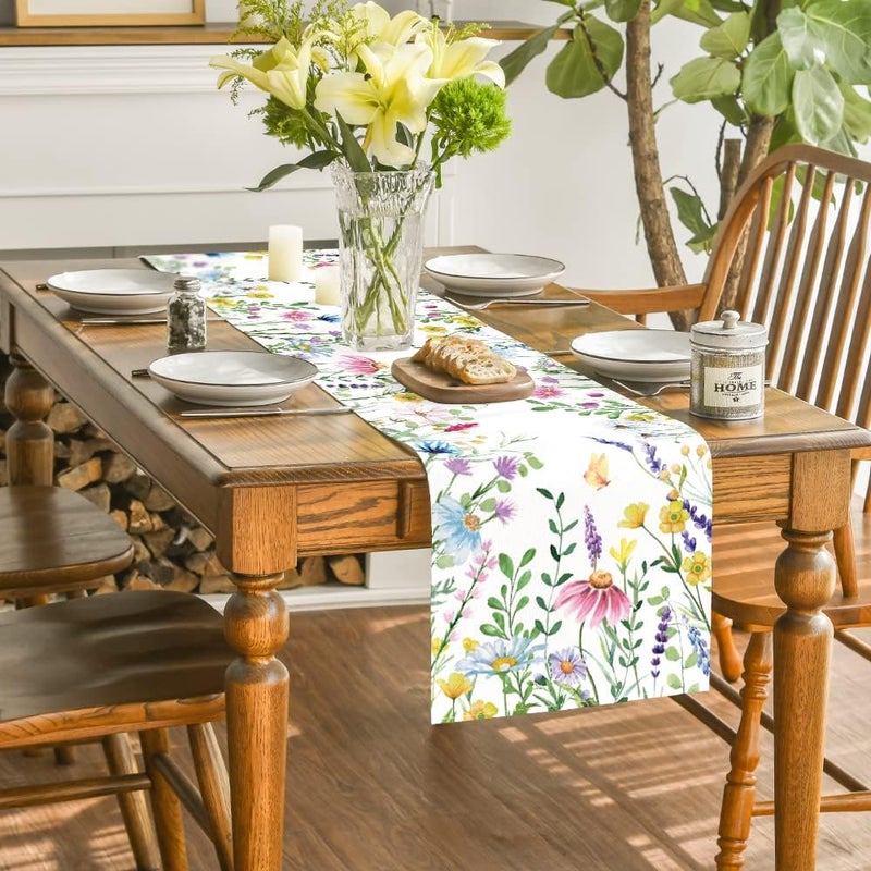 Artoid Mode Daisy Eucalyptus Lavender Floral Leaves Summer Table Runner, Spring Kitchen Dining Table Decoration for Home Party Decor 13x90 Inch - Image 4