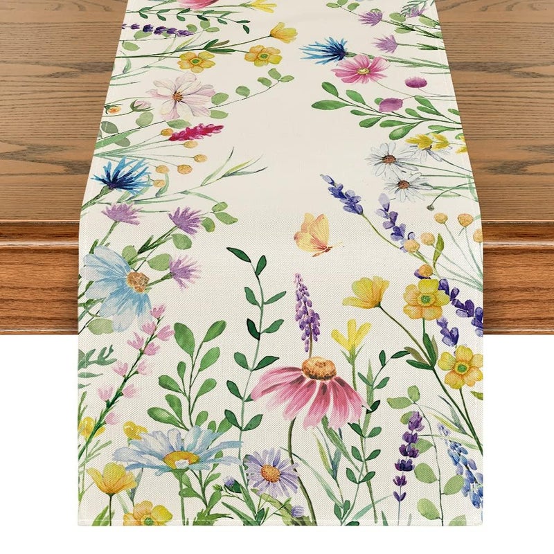 Artoid Mode Daisy Eucalyptus Lavender Floral Leaves Summer Table Runner, Spring Kitchen Dining Table Decoration for Home Party Decor 13x90 Inch - Image 1