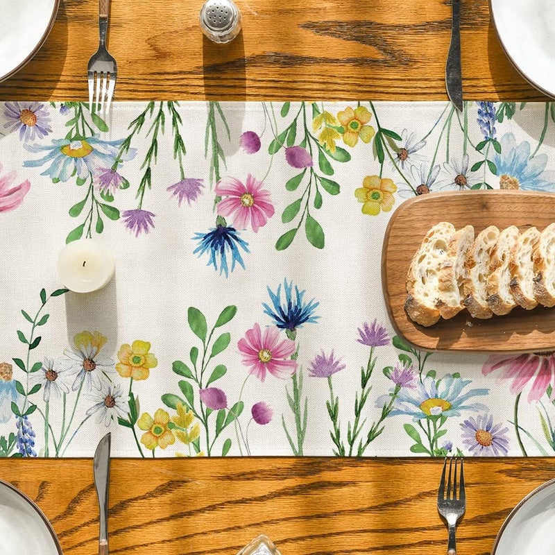 Artoid Mode Daisy Eucalyptus Lavender Floral Leaves Summer Table Runner, Spring Kitchen Dining Table Decoration for Home Party Decor 13x90 Inch - Image 3