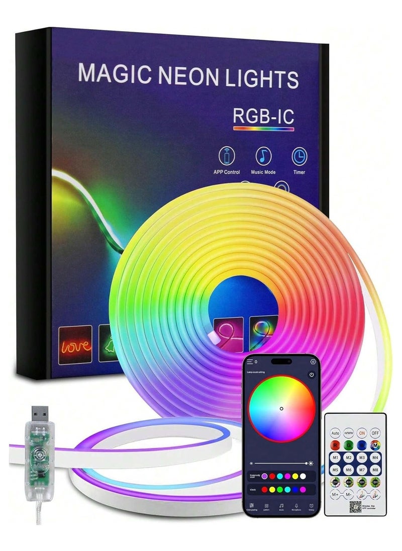 تك دوت ضوء سحري LED نيون RGB بطول 5 أمتار، إضاءة ألعاب ومزامنة موسيقى، شريط إضاءة نيون، تحكم بالتطبيق، إضاءة نيون بتقنية البلوتوث لغرفة الألعاب وغرفة المعيشة وغرفة النوم وديكور الحائط  - Image 1