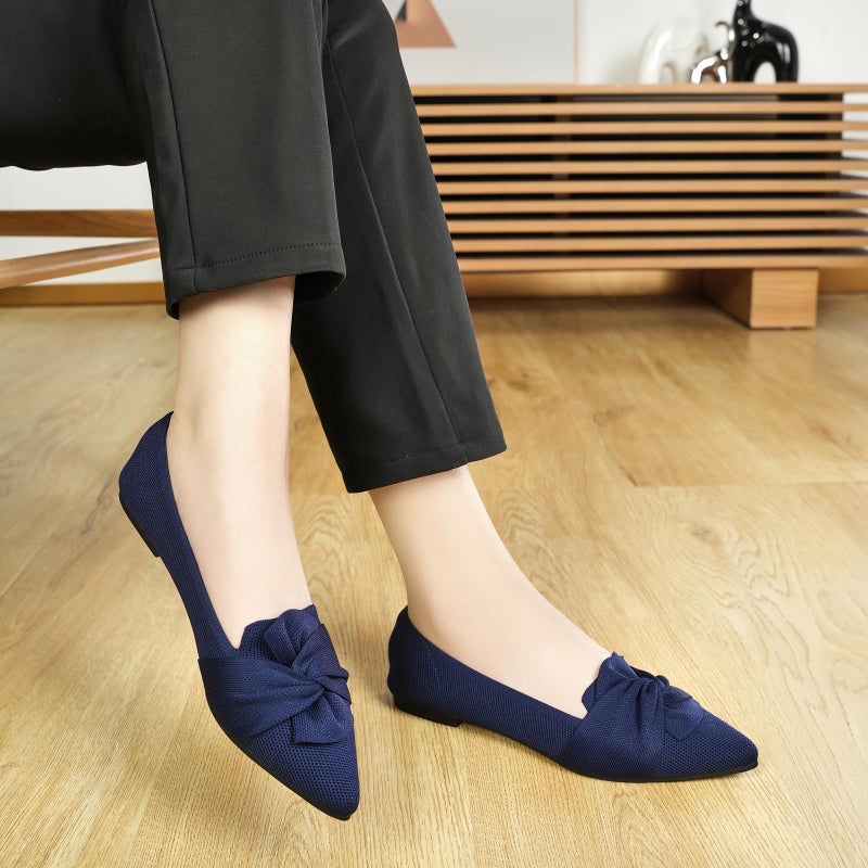 HIULYCENCE Women's Flats Shoes Pointed Toe Ballet Flats with Bow Comfortable Knit Dressy Flats Navy US9 - Image 3