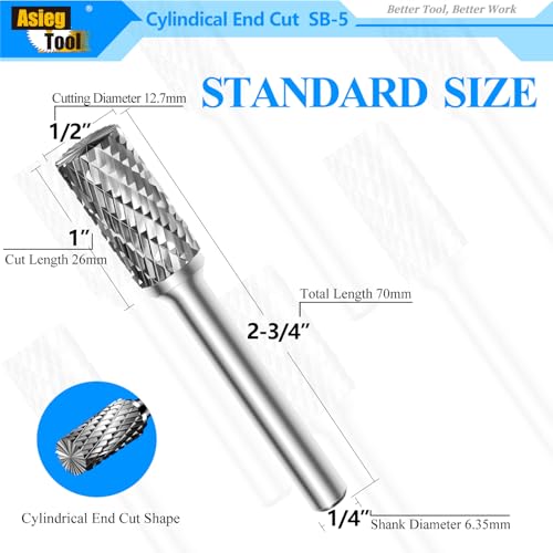 Asieg Tool SB-5 Tungsten Carbide Burr Rotary File Cylinder Shape Double Cut with 1/4''Shank for Die Grinder Drill Bit - Image 2