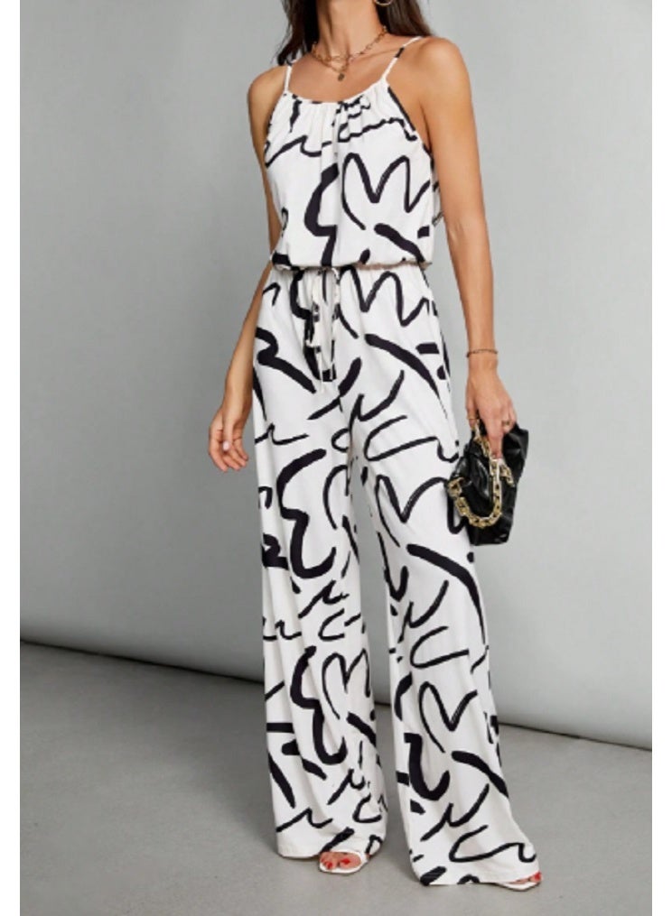 SHEIN Tall Casual Suspender Belt Wide-Leg Pants With All-Over Letter Print Women's Jumpsuit-C - Image 3