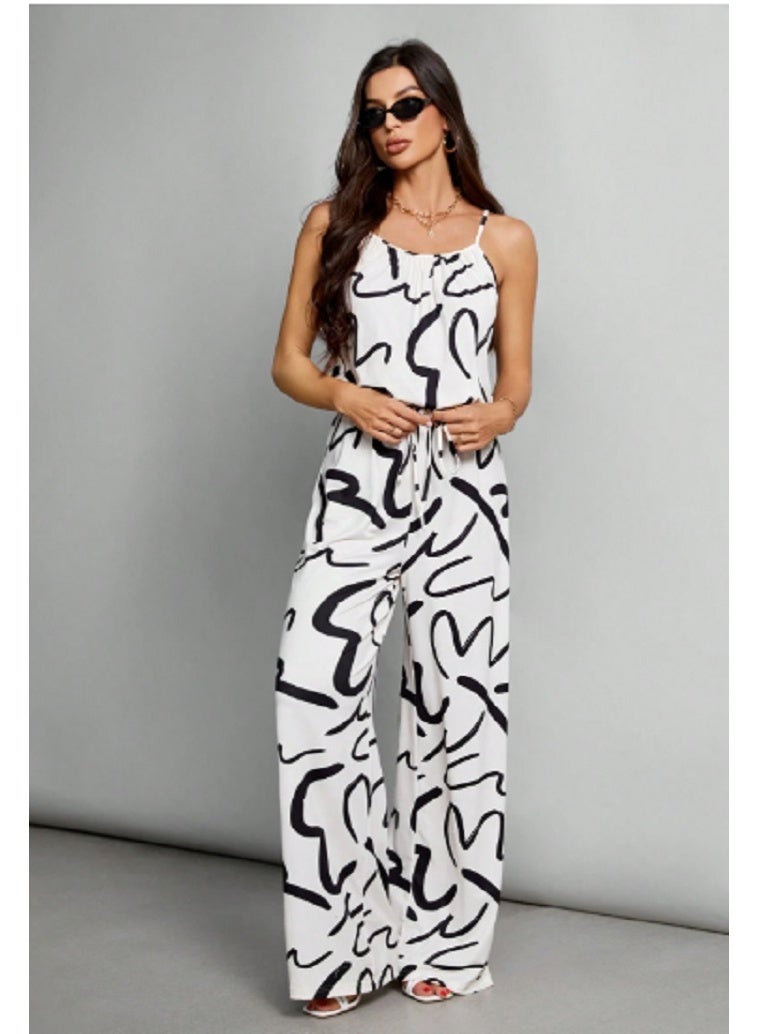SHEIN Tall Casual Suspender Belt Wide-Leg Pants With All-Over Letter Print Women's Jumpsuit-C - Image 2