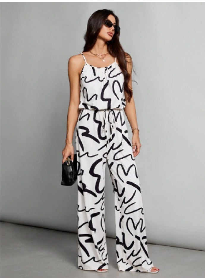 SHEIN Tall Casual Suspender Belt Wide-Leg Pants With All-Over Letter Print Women's Jumpsuit-C - Image 1