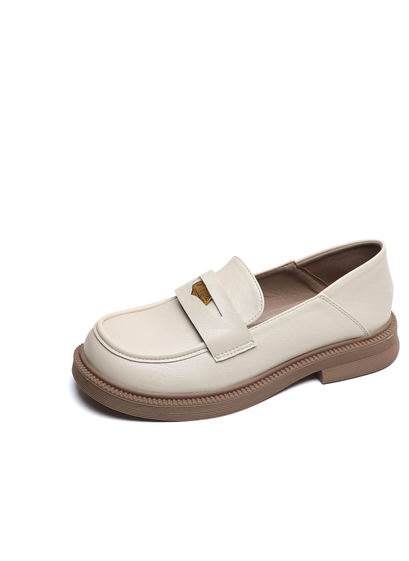 Loquat Vintage Small Leather Shoes College Style Soft Soles Beige 