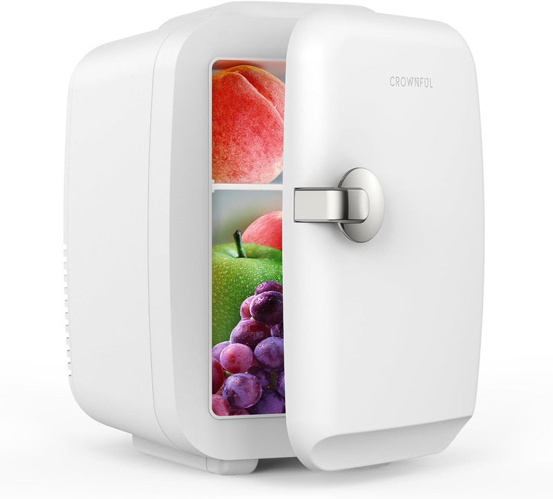 Crownful Mini Fridge, 4 Liter/6 Can Portable Cooler and Warmer Personal Fridge for Skin Care, Cosmetics, Food, Great for Bedroom, Office, Car, Dorm (White) - Image 1