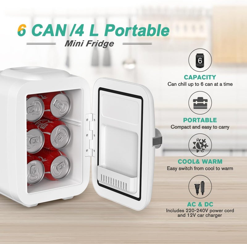 Crownful Mini Fridge, 4 Liter/6 Can Portable Cooler and Warmer Personal Fridge for Skin Care, Cosmetics, Food, Great for Bedroom, Office, Car, Dorm (White) - Image 2