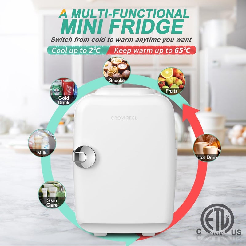 Crownful Mini Fridge, 4 Liter/6 Can Portable Cooler and Warmer Personal Fridge for Skin Care, Cosmetics, Food, Great for Bedroom, Office, Car, Dorm (White) - Image 3