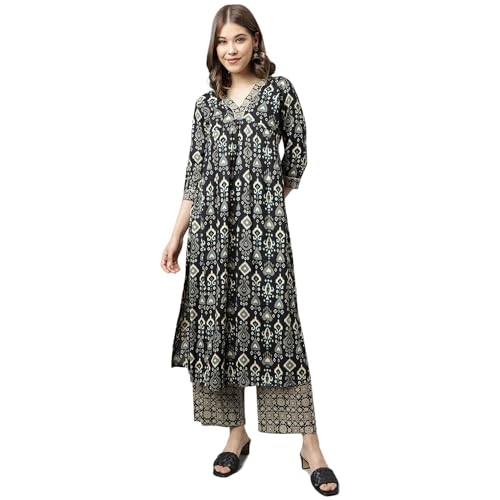 FIORRA Women's Black Cotton A-Line Kurta with Palazzo SET0099 Black - Image 1