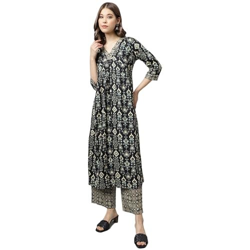 FIORRA Women's Black Cotton A-Line Kurta with Palazzo SET0099 Black - Image 3