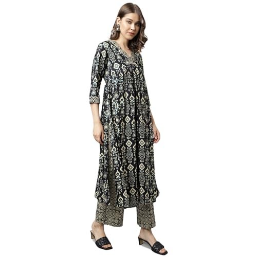 FIORRA Women's Black Cotton A-Line Kurta with Palazzo SET0099 Black - Image 4