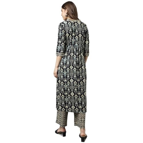FIORRA Women's Black Cotton A-Line Kurta with Palazzo SET0099 Black - Image 2