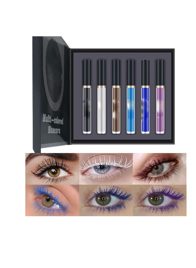 6 Color Colored Colorful Waterproof Mascara for Eyelashes Set,Blue White Black Brown Purple Mascara for Eyelashes, Long Lasting Charming Voluminous Mascara for Women, Cruelty Free Vegan Eye Makeup - Image 1