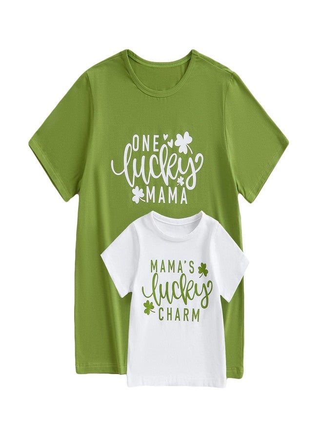 Karuedoo Mommy and Me St Patrick's Day Shirts Lucky Letters Clover Short Sleeve T-Shirt Mother Daughter Son Matching Outfits (Mom, L, Green White) - Image 1